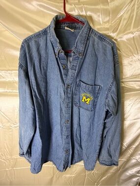 Vintage Joe College Michigan Wolverines Denim Shirt Mens XL Embroidered NCAA